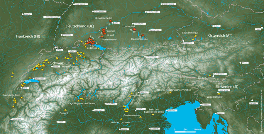 Lageplan der 111 Welterbestationen um die Alpen