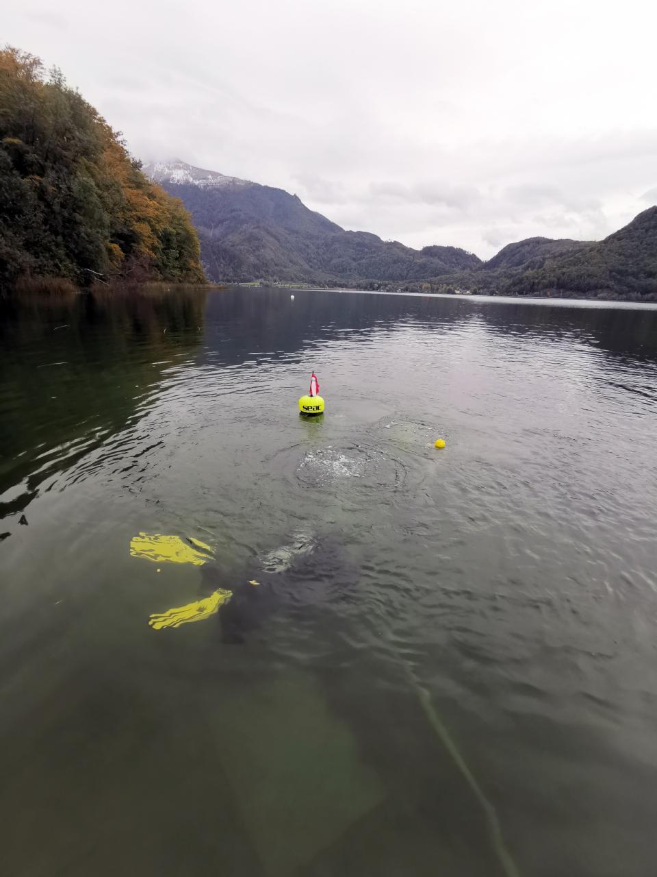 Ein See, im Hintergrund ein Berg. Man sieht einen Taucher unter Wasser.