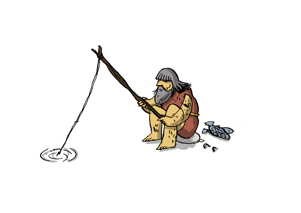 Eine Ilustration eines Fischers in urgeschichtlicher Kleidung
