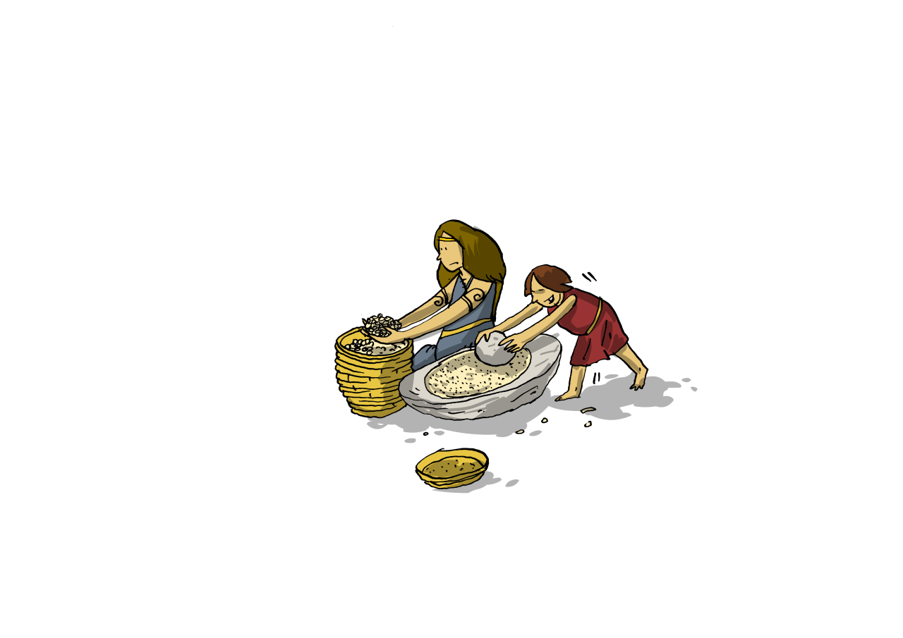 Illustration von einer Frau und einem Kind, die Mehl mahlen auf einem Reibstein