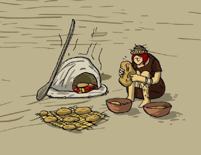 Illustration eines urgeschichtlichen Menschen vor einem Brotbackofen