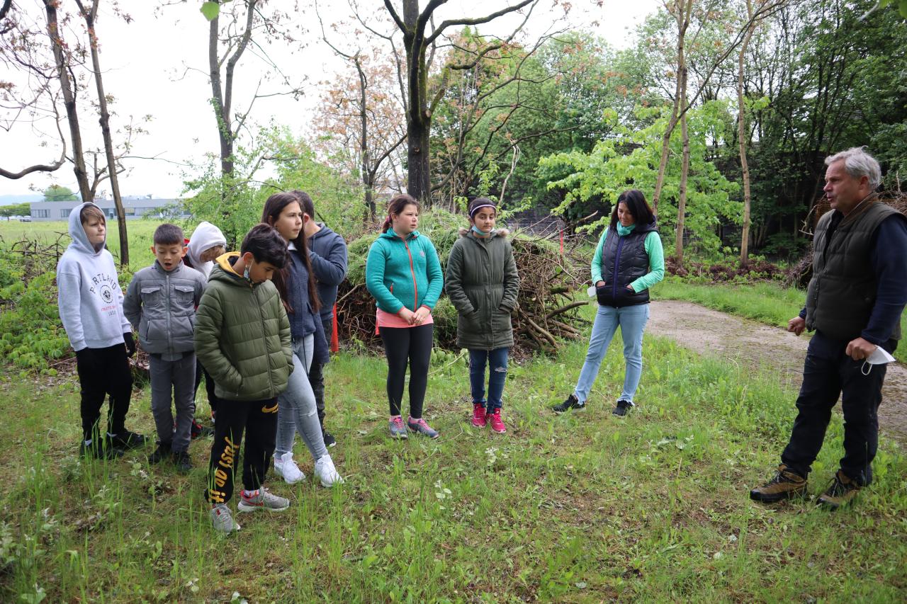 Eine Schulklasse steht im Kreis auf einer Wiese