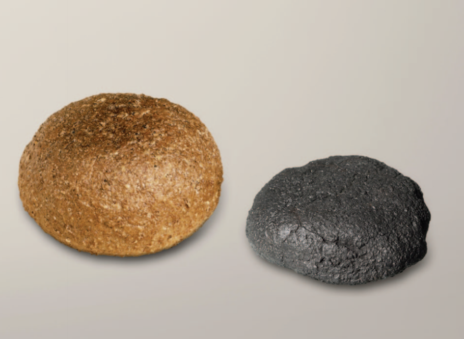 Ein frischer Brotlaib neben einem 5600 Jahre alten Brot aus Twann