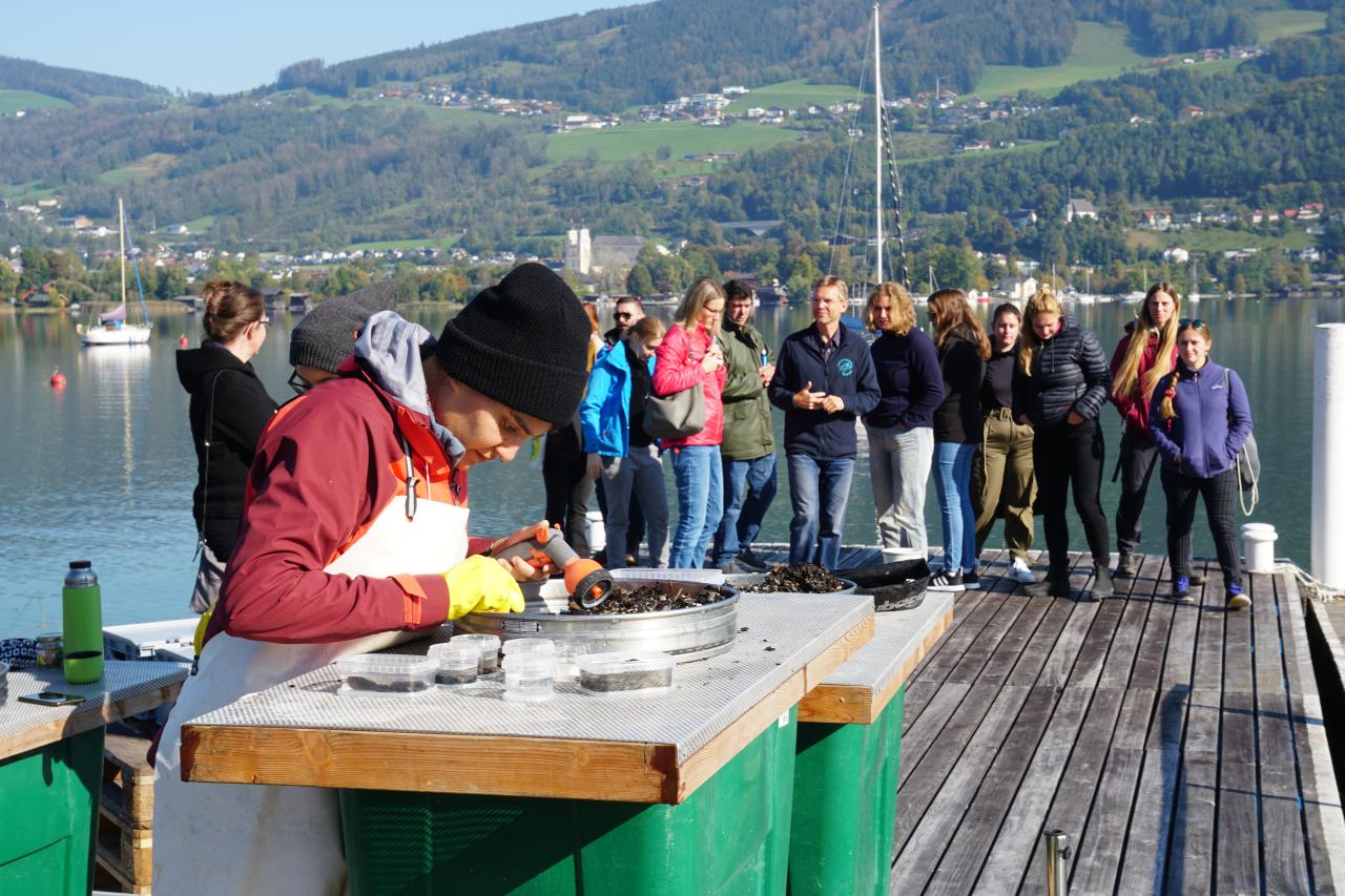 Auf einem Steg vor einem See steht eine Gruppe von Personen