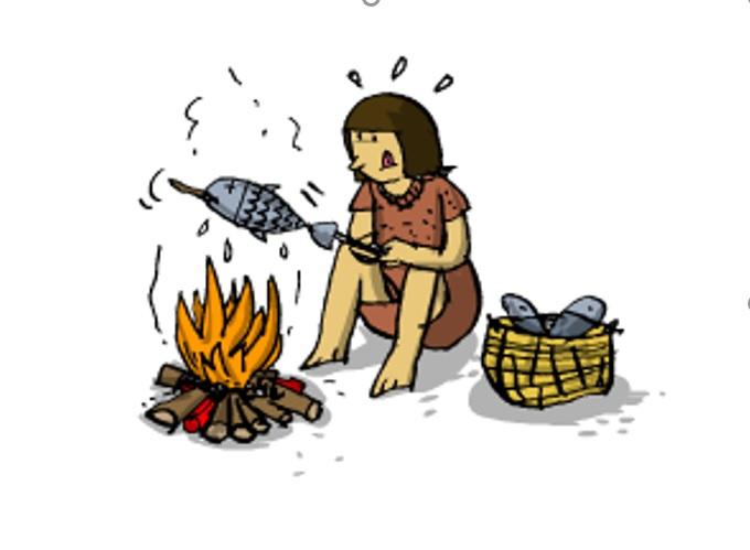 Illustration einer Frau, die Fisch über dem Lagerfeuer grillt