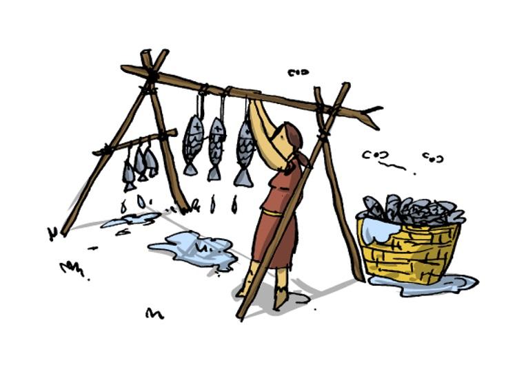 Illustration einer Frau, die Fisch zum Trocknen auf ein Gestell aufhängt