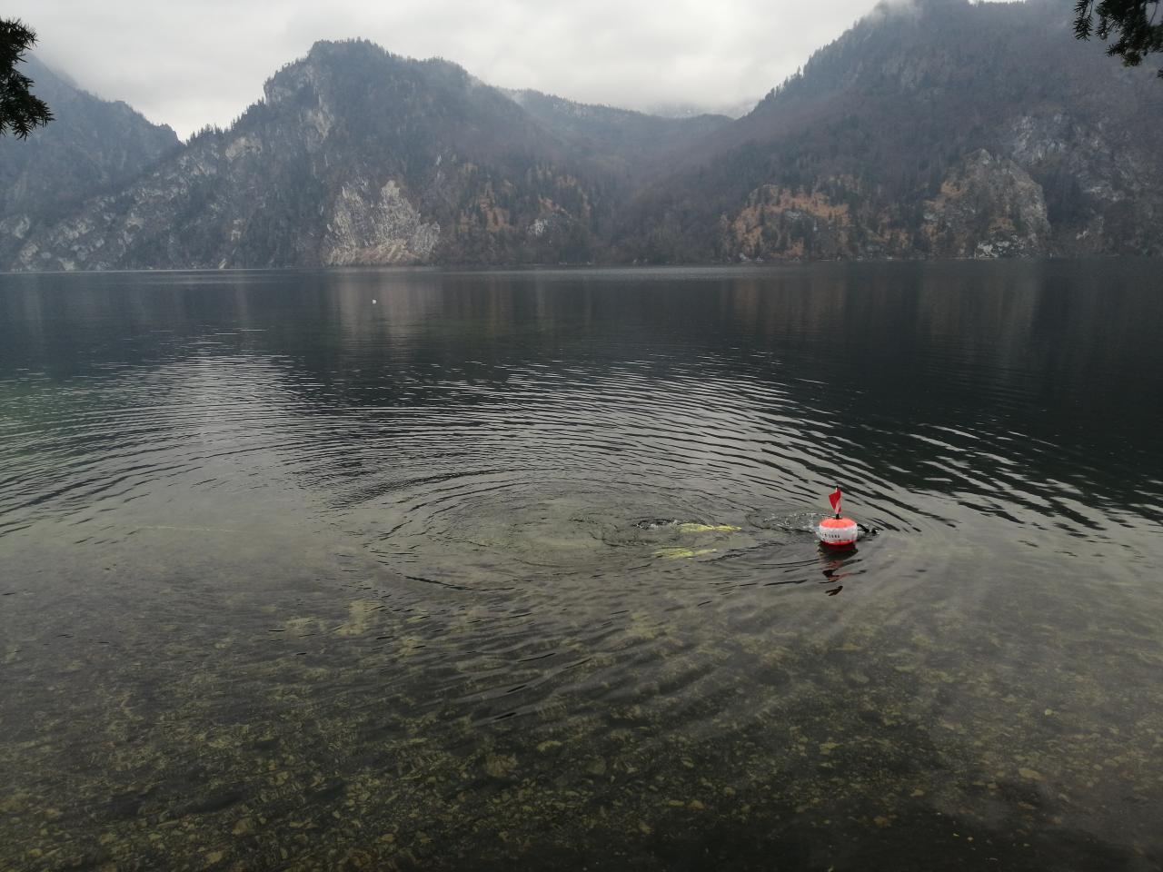 Eine Boje, die auf dem See treibt, dahinter die Bergkulisse