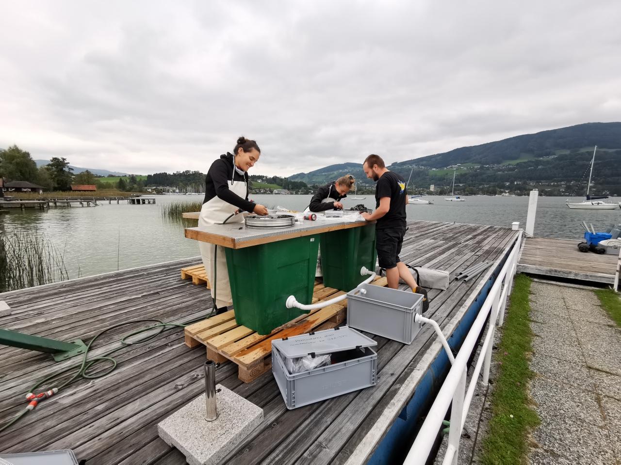 3 Personen arbeiten auf einem Steg an der Schlämmstation