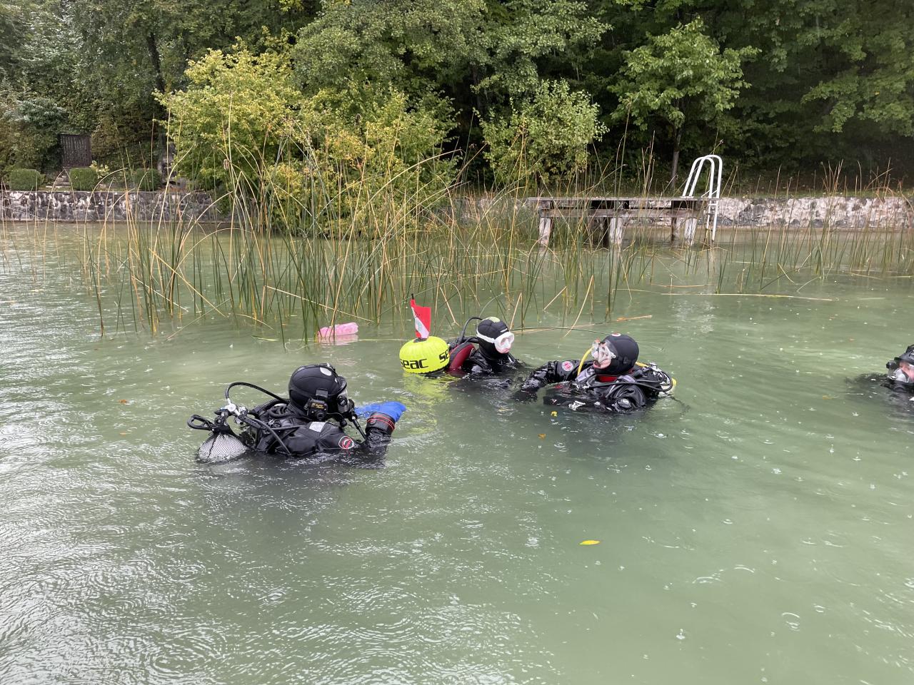 3 Taucher:Innen im seichten Wasser