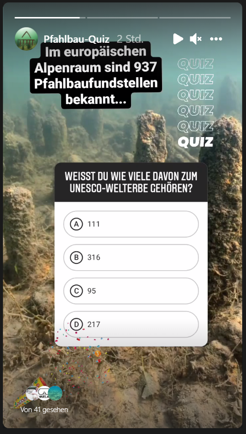 Screenshot eines Instagram Postings mit einem Quiz zu den Pfahlbautfundstellen