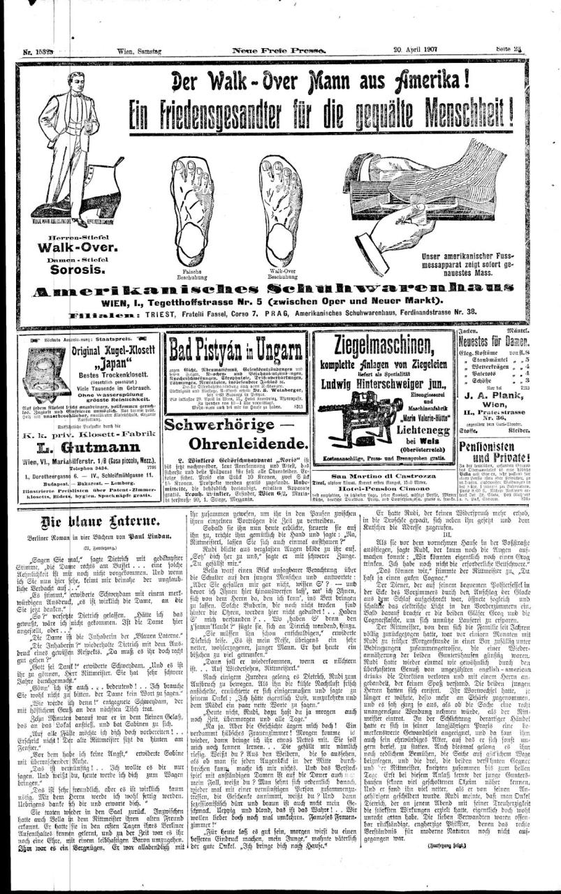 Eine Seite der Neuen Freien Presse mit verschiedenen Artikeln