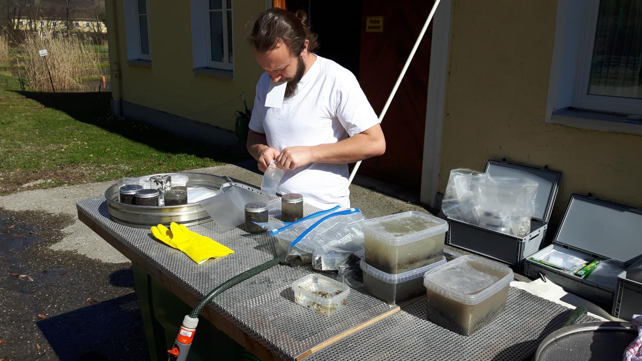 Eine Person steht vor einem Tisch mit Behältnissen und Arbeitsmaterial