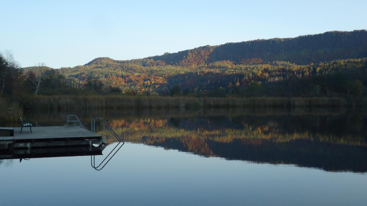 Ein See mit einem Steg, im Hintergrund ein bewaldeter Hügel