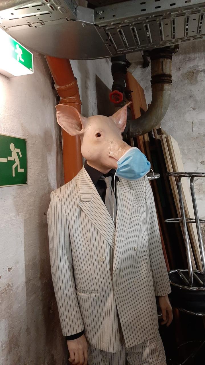 Eine Schaufensterpuppe mit einem Schweinekopf in einem Kellerabteil