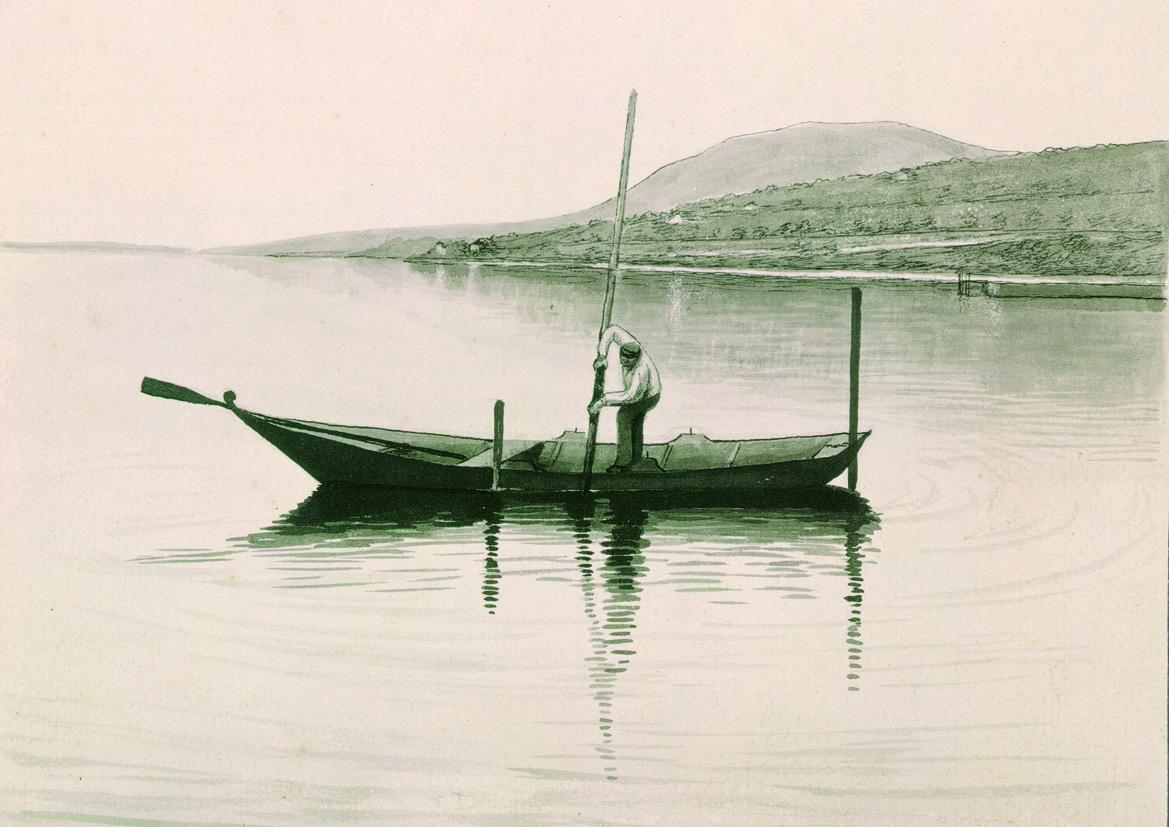 Eine Zeichnung von einem Fischerboot mit einem Mann, der einen Stock ins Wasser steckt