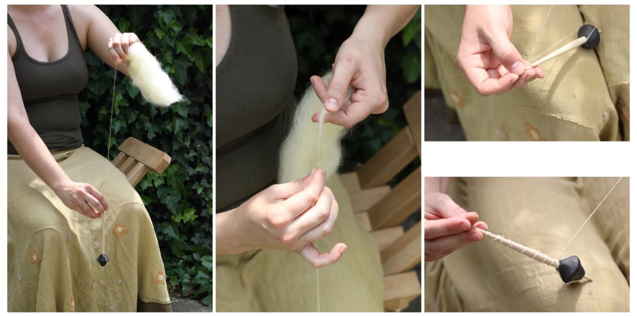 4 Arbeitsschritte beim Spinnen mit der Handspindel