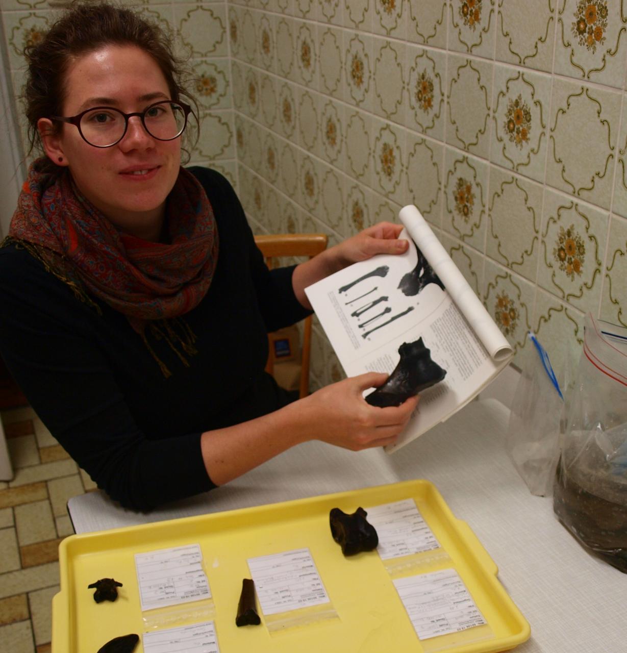 Anna beim Bestimmen der Knochenfunde anhand einschlägiger Literatur