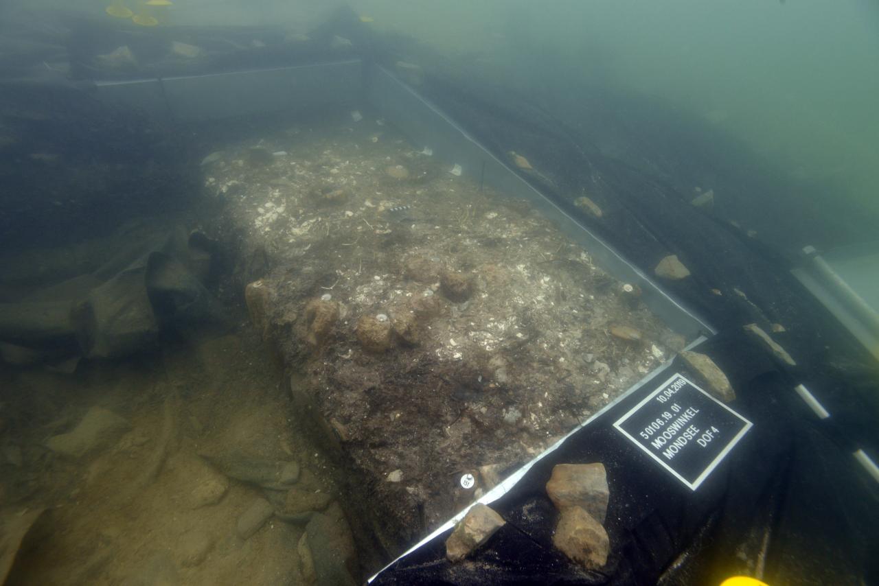 Der südliche Grabungsschnitt unter Wasser, mit Markierungen und Muschelkonzentrationen