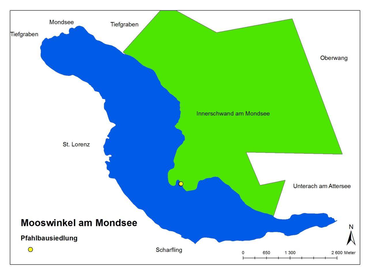 Eine Karte des Mondsees und der Gemeinde Innerschwand, mit der markierten Fundstelle