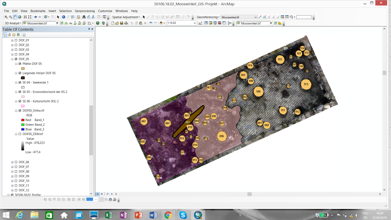 Ein Screenshot eines GIS Programmes mit der Ansicht eines Grabungsschnittes