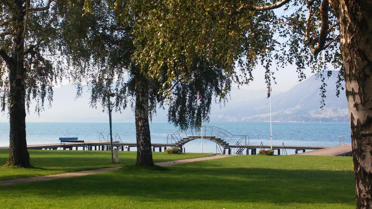 Eine Liegewiese mit einem Steg direkt am Attersee in Weyregg