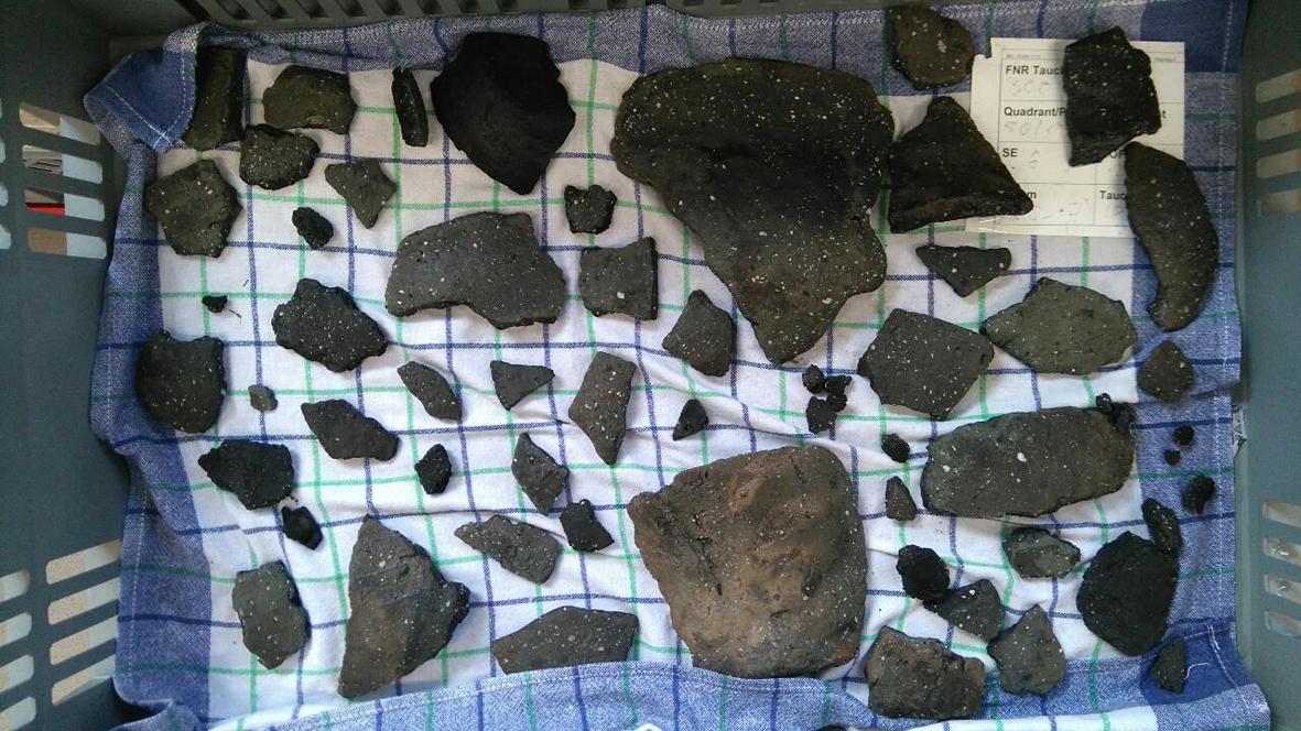 Keramikscherben auf einem Geschirrtuch zur Trocknung aufgelegt