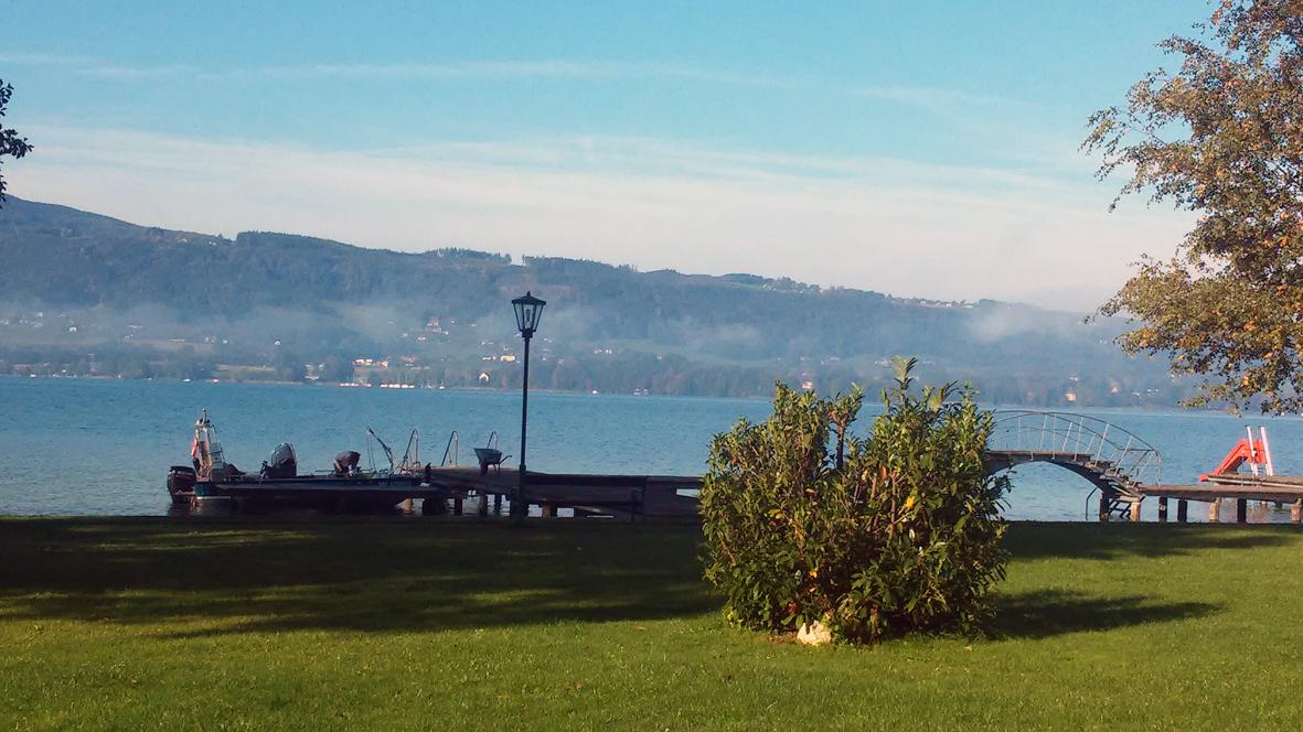 Eine Wiese mit einem Steg direkt am See, in der Ferne ist das Forschungsboot erkennbar