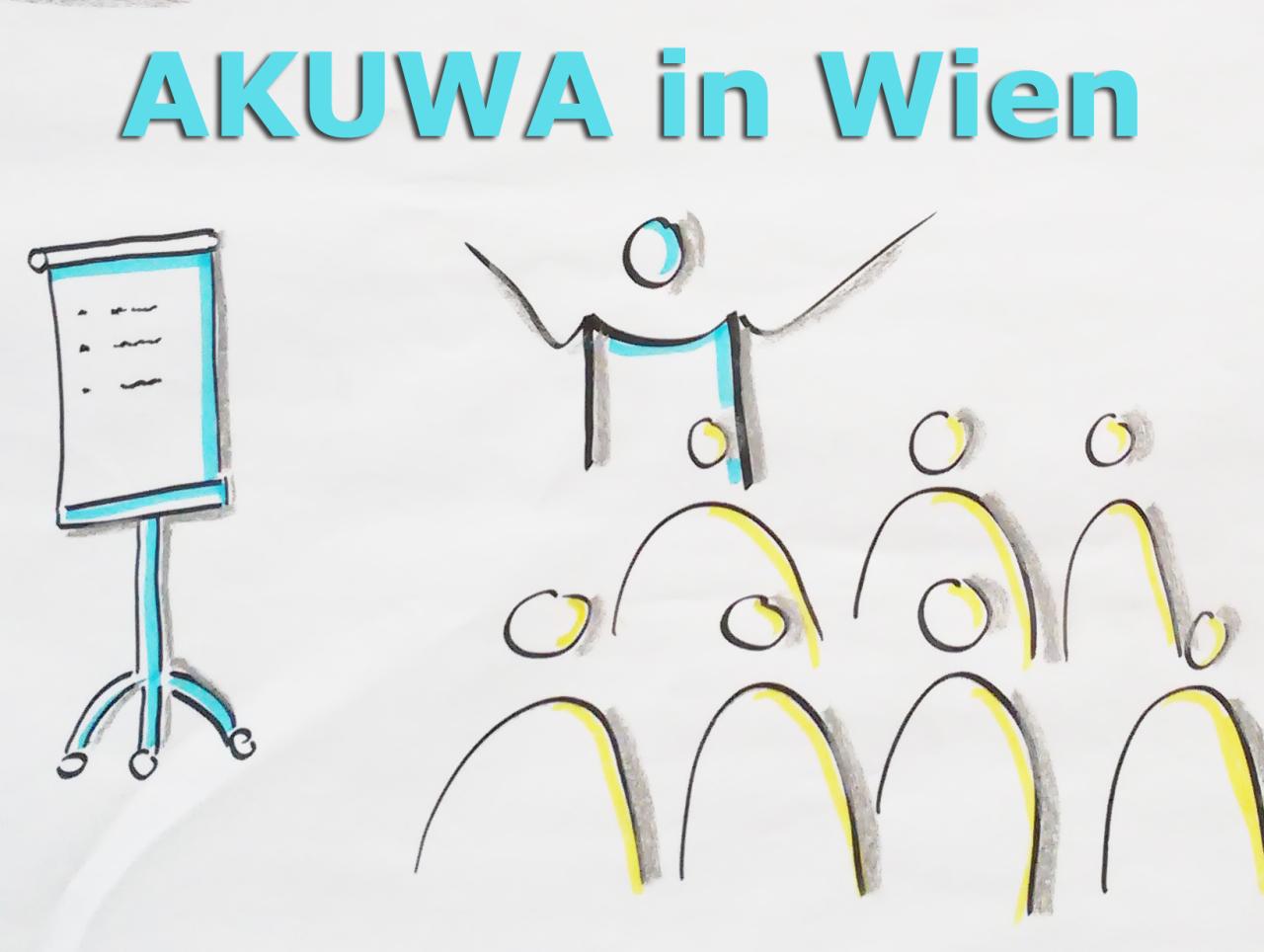Strichmännchen vor einer Flipchart und der Überschrift "AKUWA in Wien"