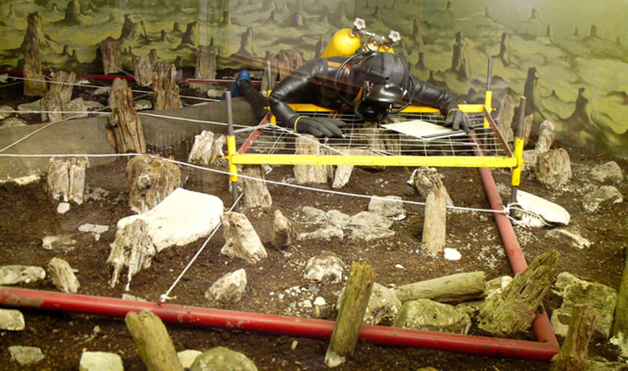 Ein Diorama einer Unterwassergrabung mit Quadranten, Funden und einem Taucher