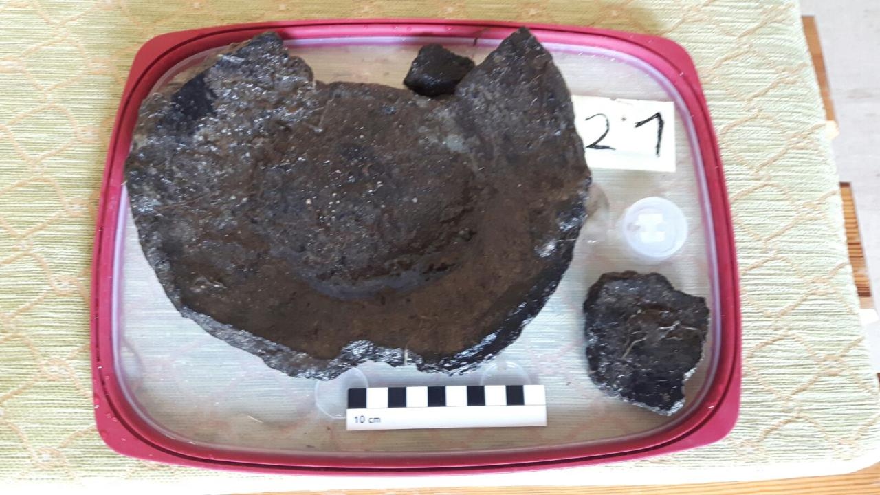 Das GEfäßfragment nach der Bergung auf einem Plastikdeckel drapiert mti Maßstab und Nummer "21"