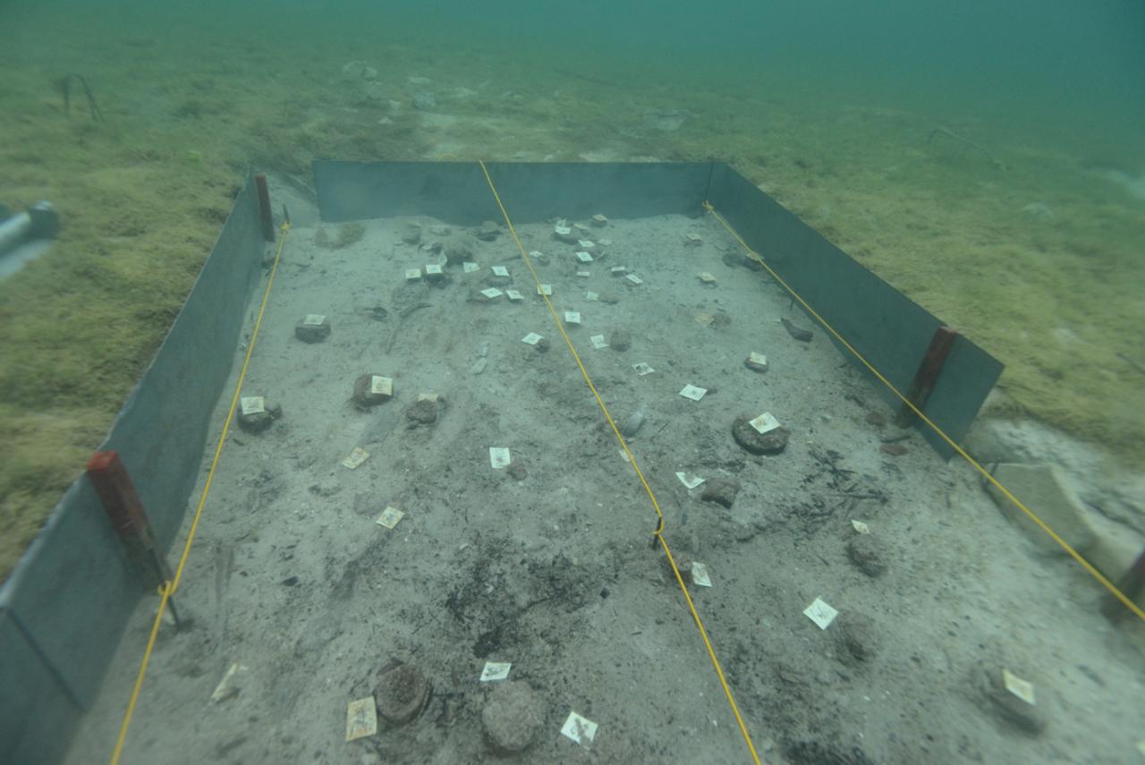 Der Grabungsschnitt am Seegrund mit dem eingebrachten Messraster
