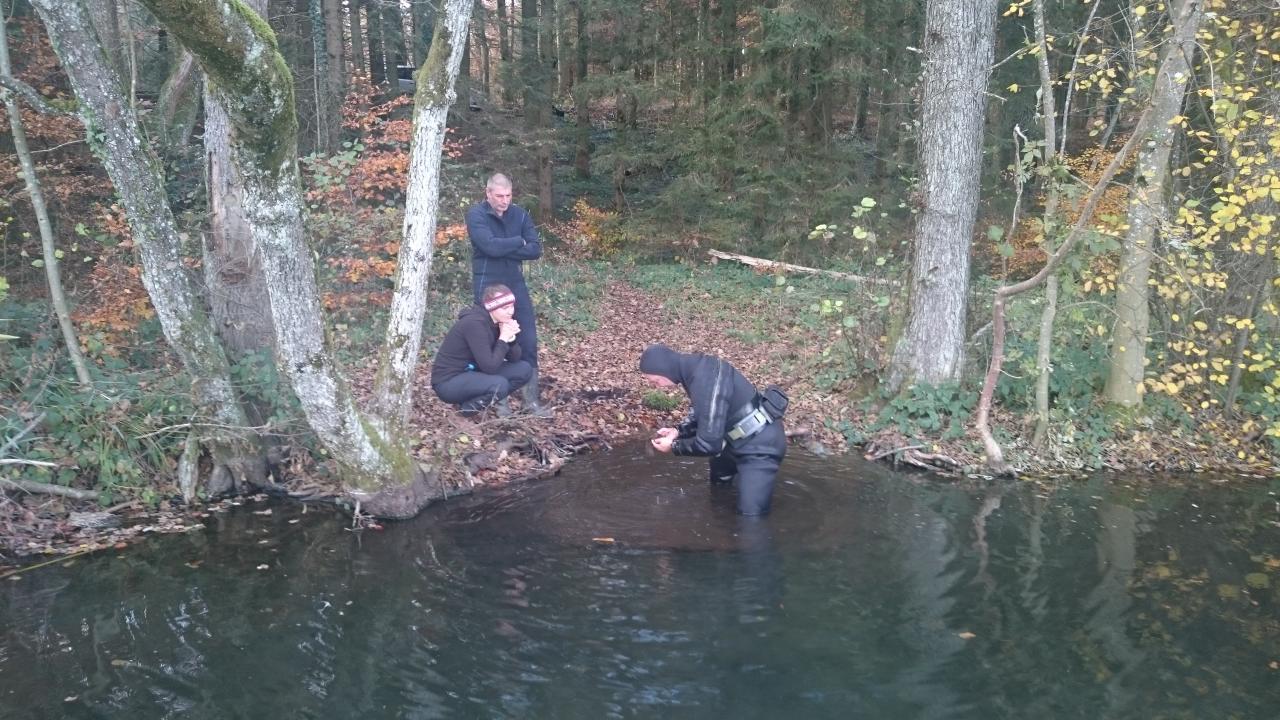 3 Personen am bewaldeten Ufer des Degersees
