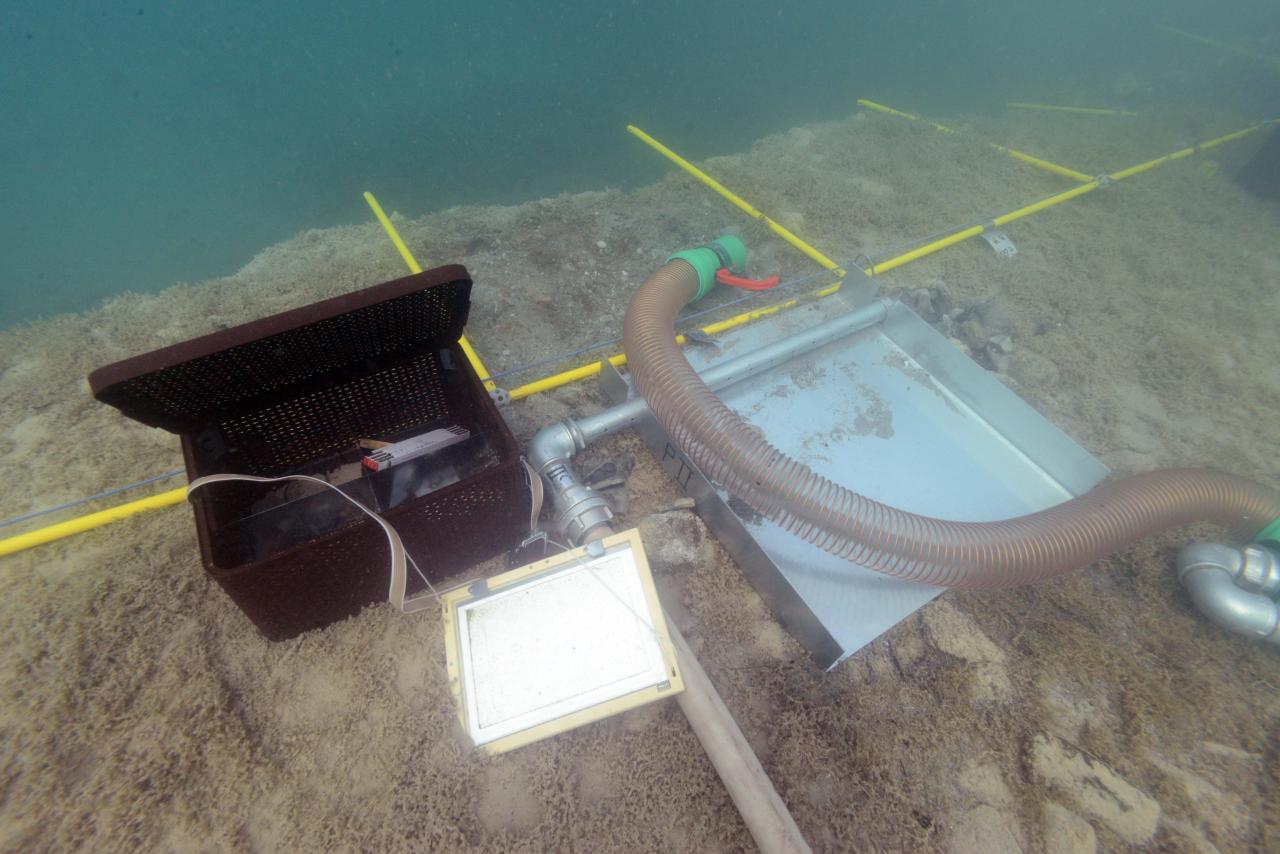 Eine schwarze Box, eine Schreibtafel, die Waterdredge und die Vermessungsrahmen unter Wasser