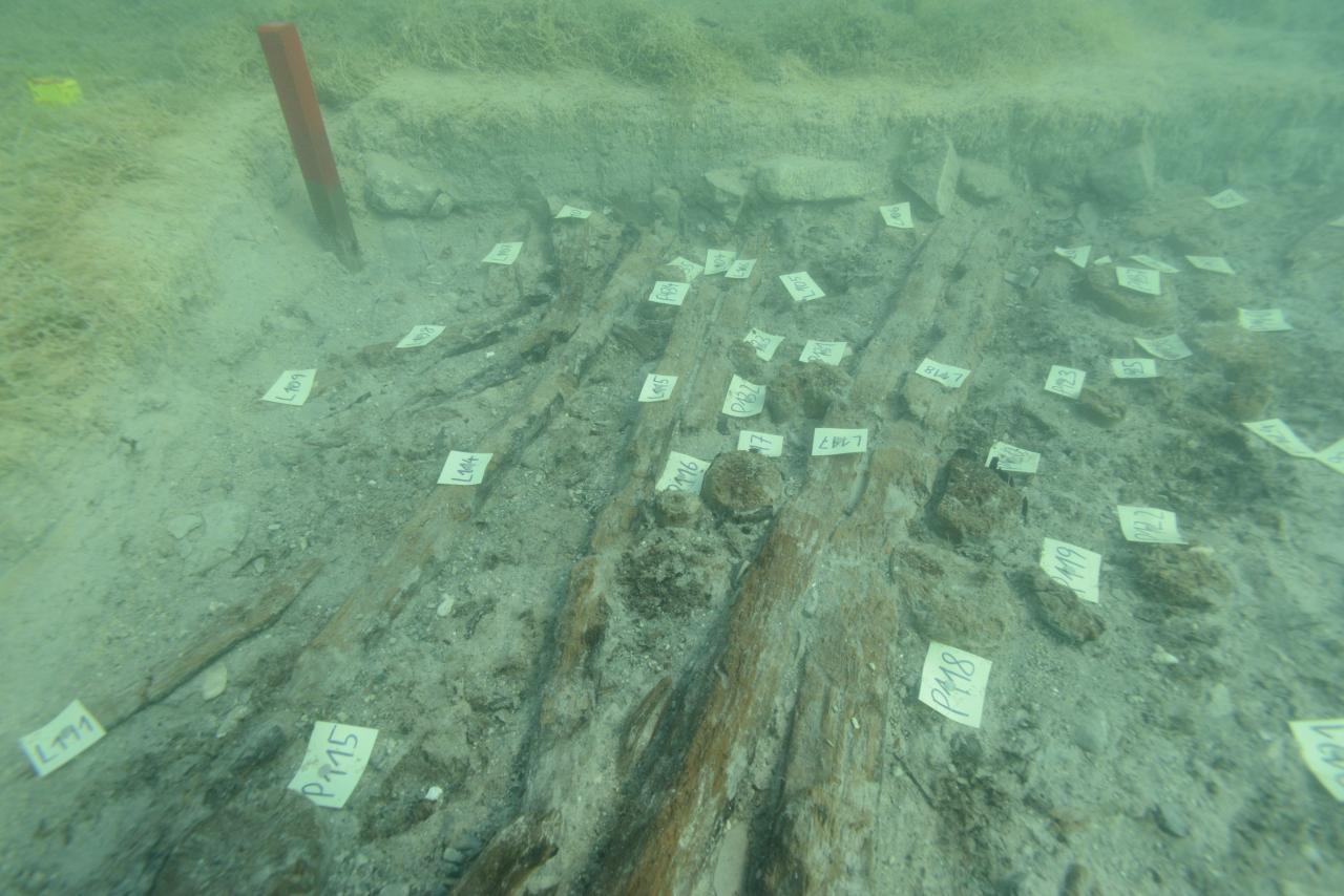 Im Unterwasserschnitt sind viele Pfähle und liegende Hölzer mit Markierungen zu erkennen