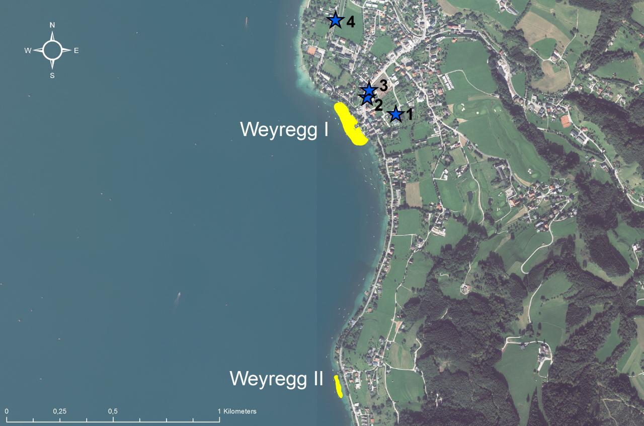 Eine Karte eines Teils vom Ostufer des Attersees mit den markierten Siedlungen in Weyregg