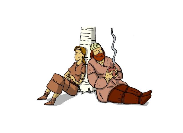 Ein Cartoon von 2 "Pfahlbauer:Innen", die an einer Birke lehnen und die Augen geschlossen haben
