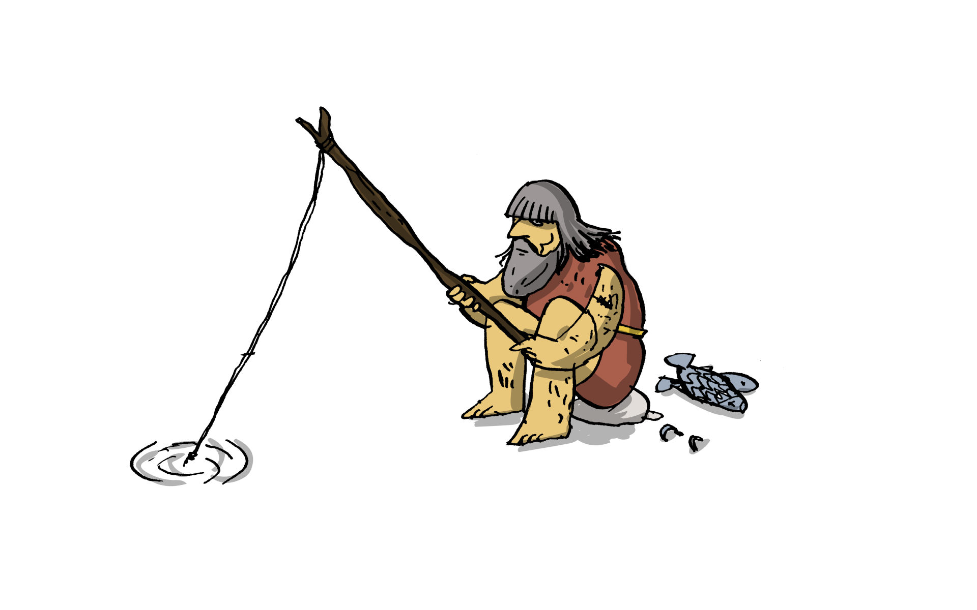 Eine Ilustration eines Fischers in urgeschichtlicher Kleidung