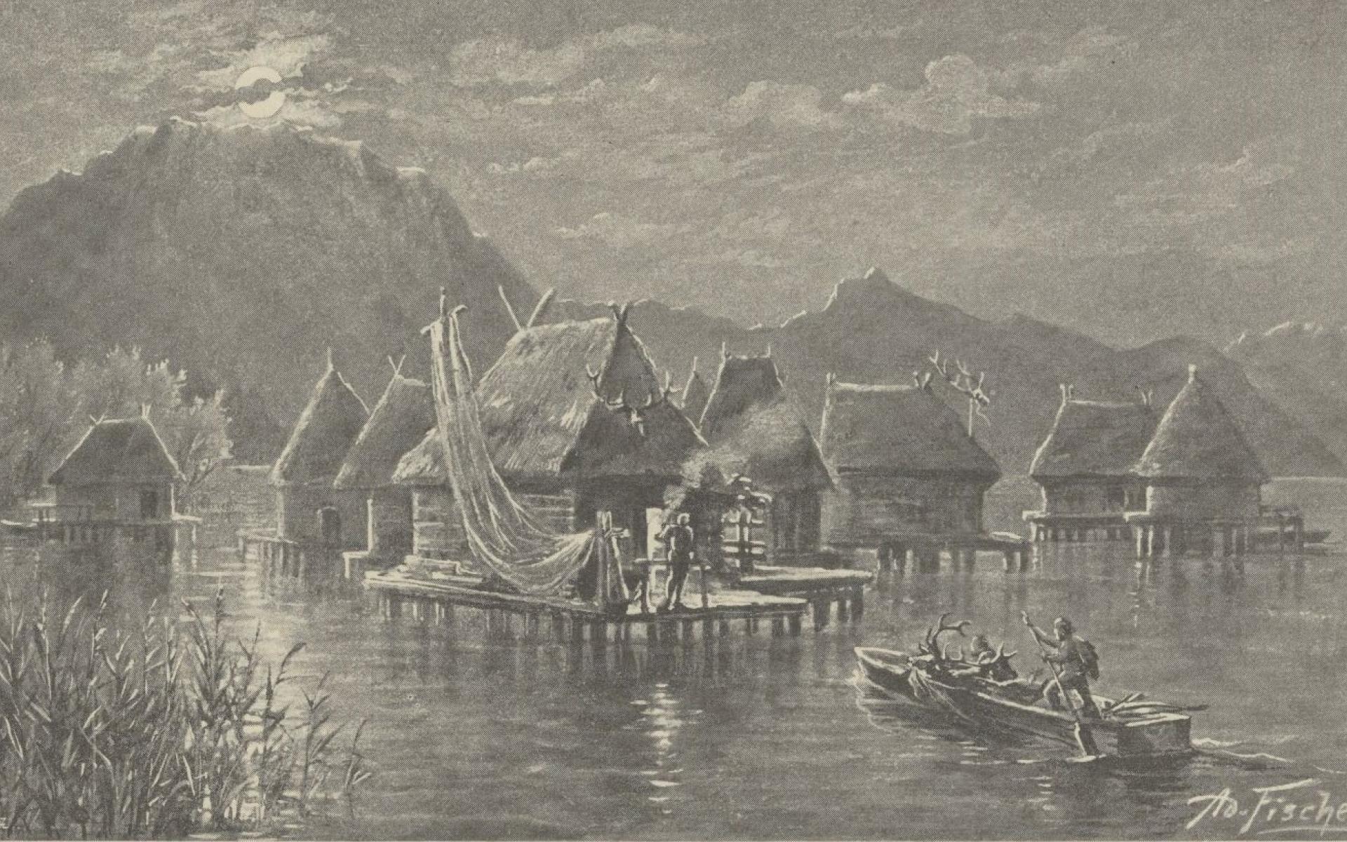 Illustration eines Pfahlbauerndorfes am Traunsee