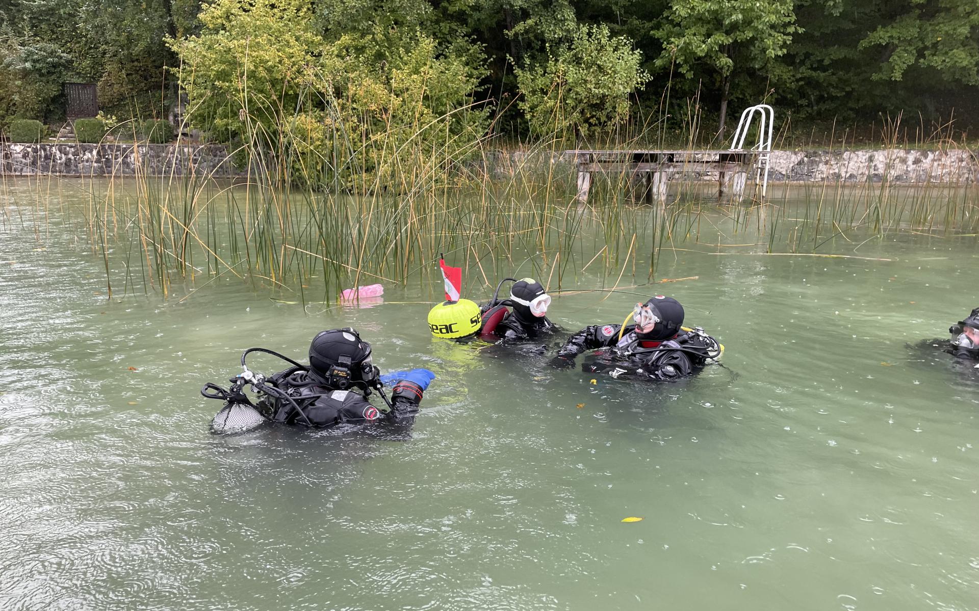 3 Taucher:Innen im seichten Wasser