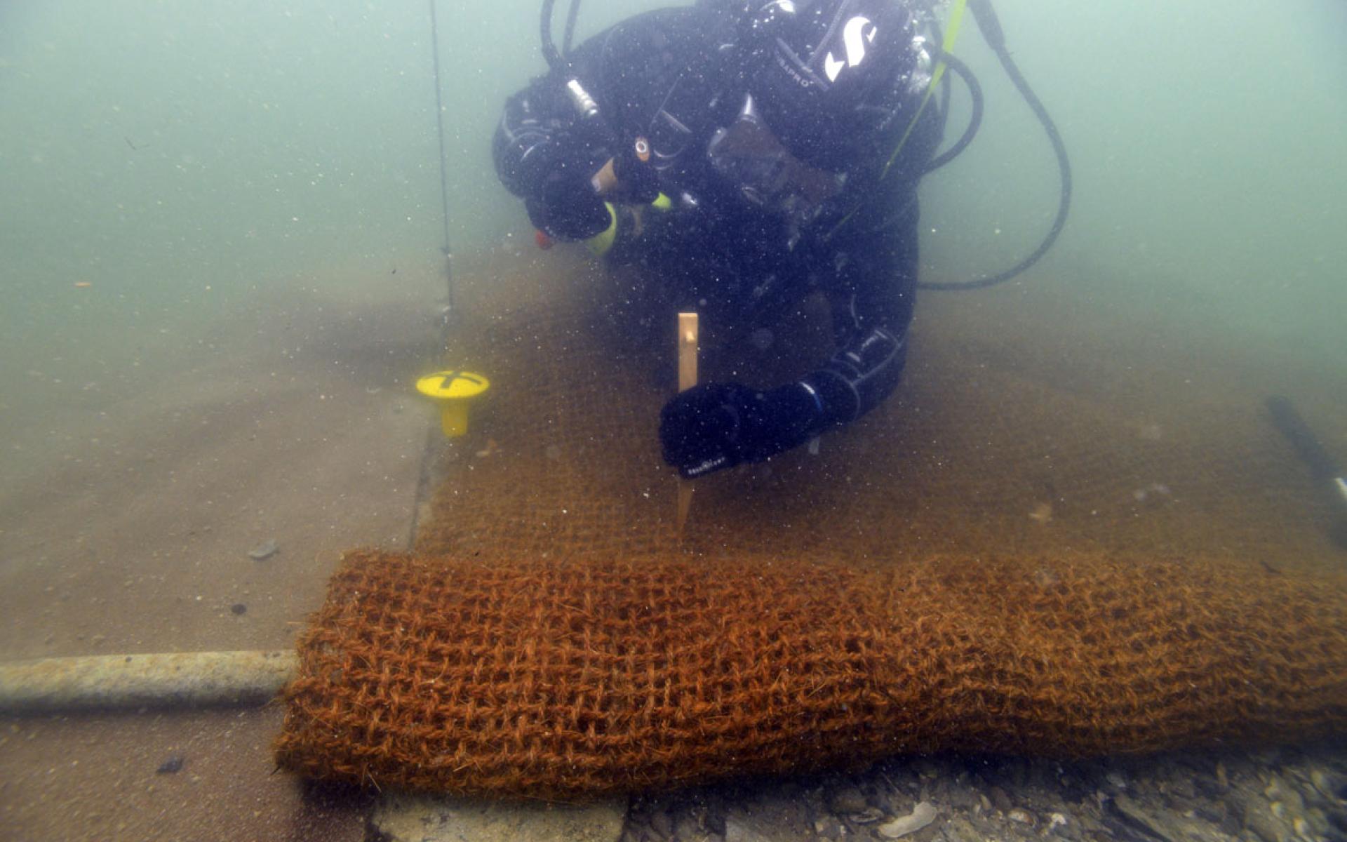Ein Taucher unter Wasser beim Verlegen eines Kokosnetzes