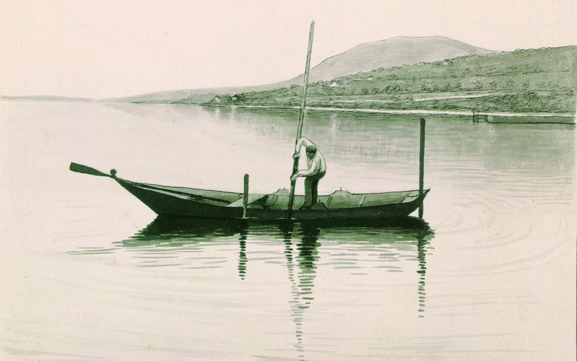 Eine Zeichnung von einem Fischerboot mit einem Mann, der einen Stock ins Wasser steckt