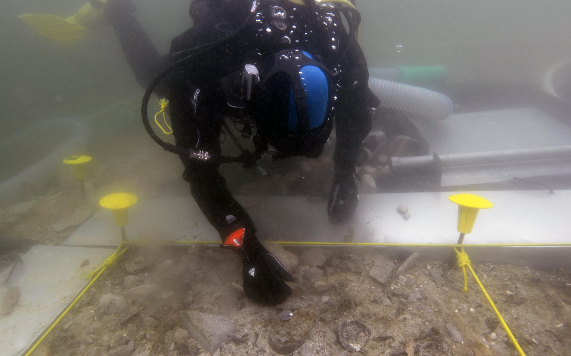 Eine Taucherin unter Wasser beim Freilegen von Befunden am Seegrund