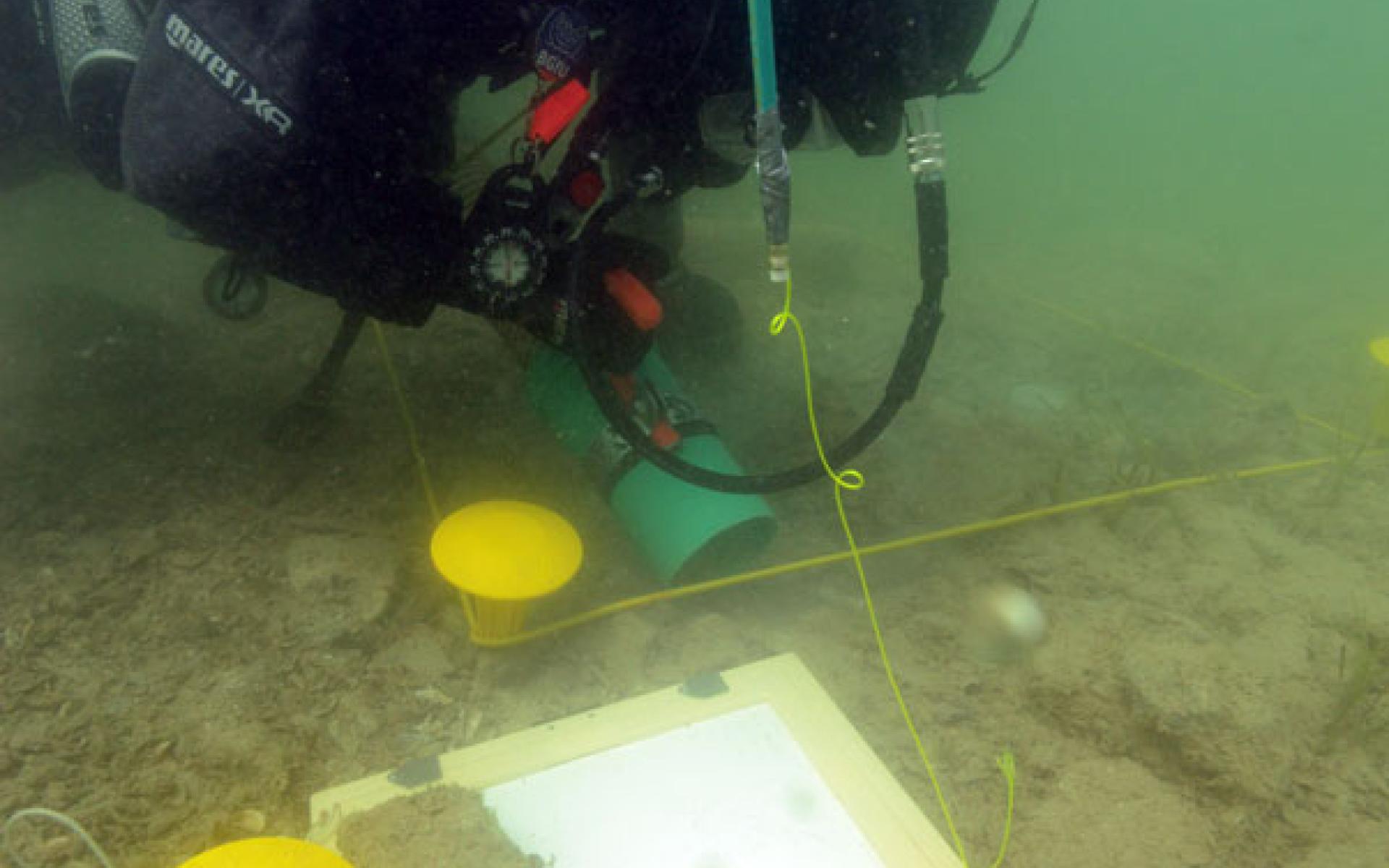 Ein Taucher unter Wasser vermisst und dokumentiert