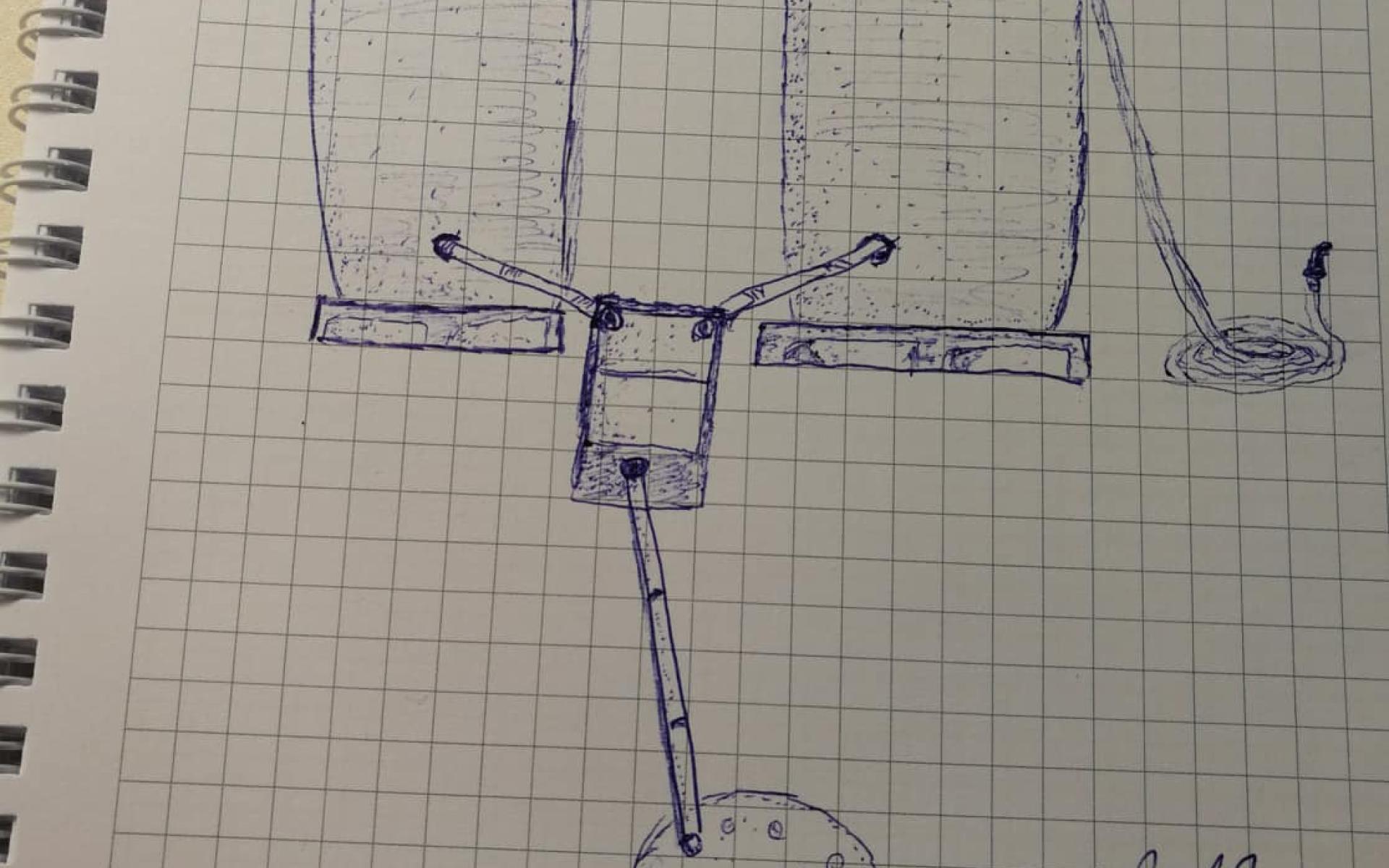 Eine Kugelschreiber-Skizze auf kariertem Papier, welche die Schlämmstation zeigt
