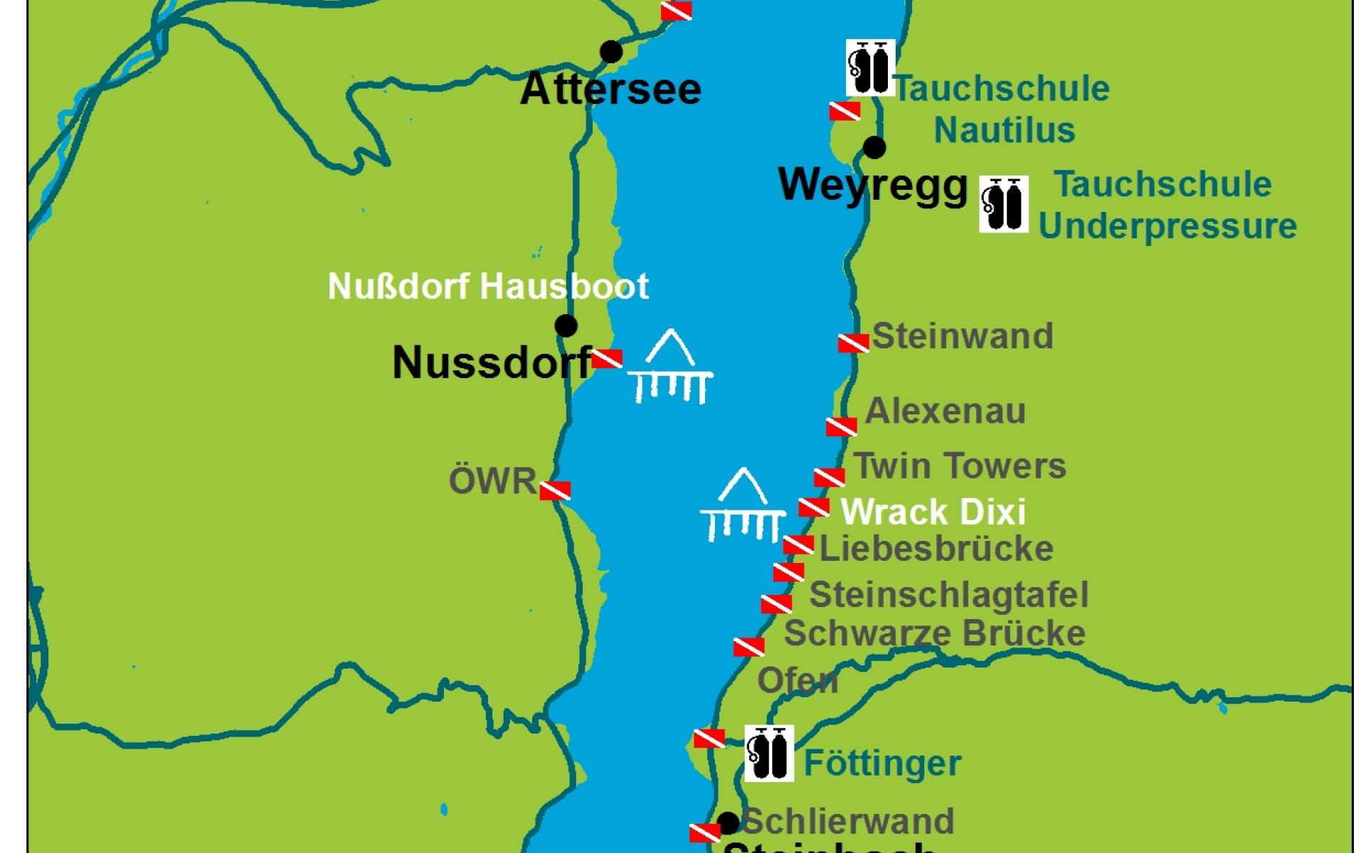 Eine Karte des Attersees mit markierten Taucheinstiegsstellen und den Pfahlbaufundstellen
