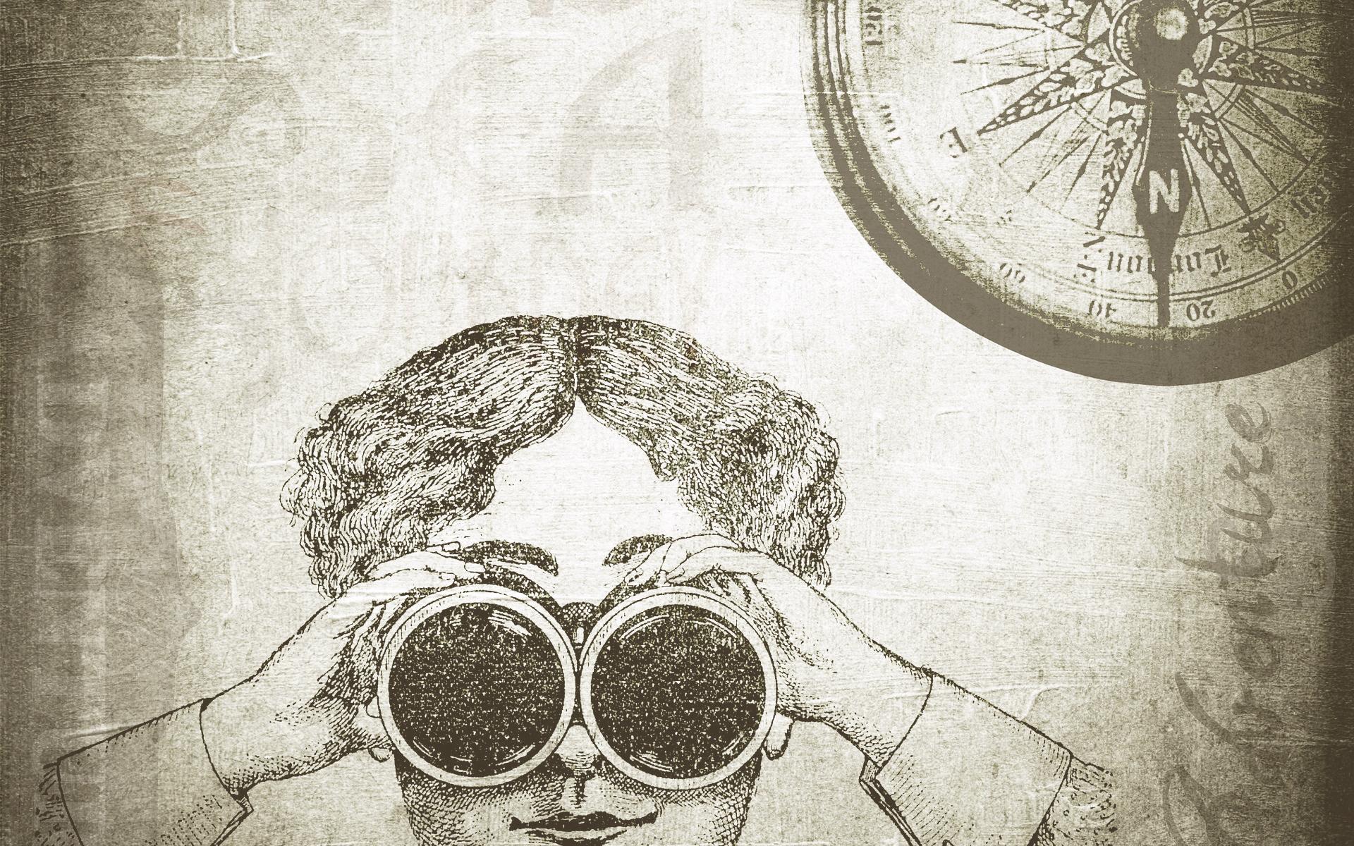 Eine Illustration einer Person mit Fernglas und einem Kompass