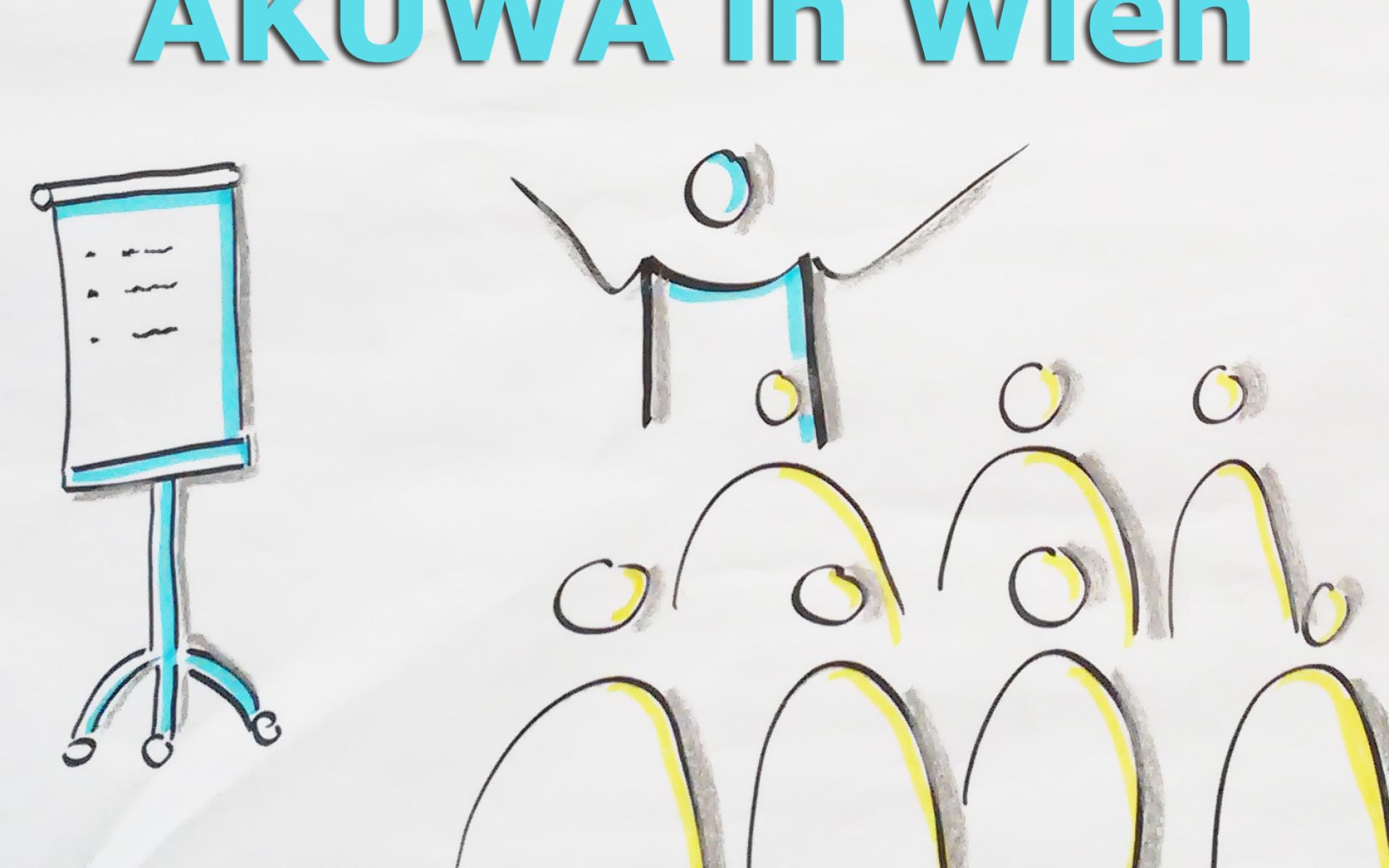 Strichmännchen vor einer Flipchart und der Überschrift "AKUWA in Wien"