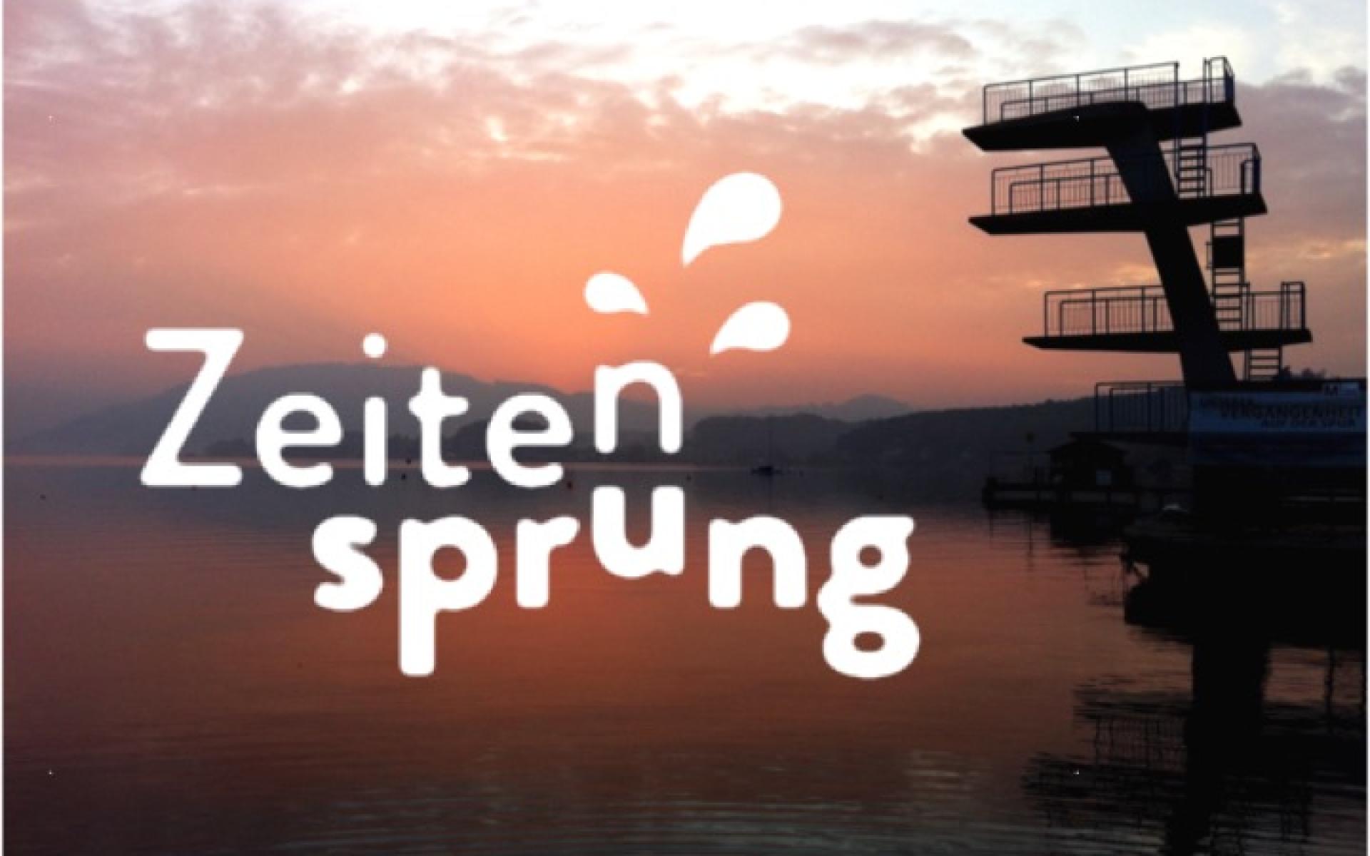 "Zeitensprung" Folie mit Sprungturm Seewalchen als Hintergrundbild