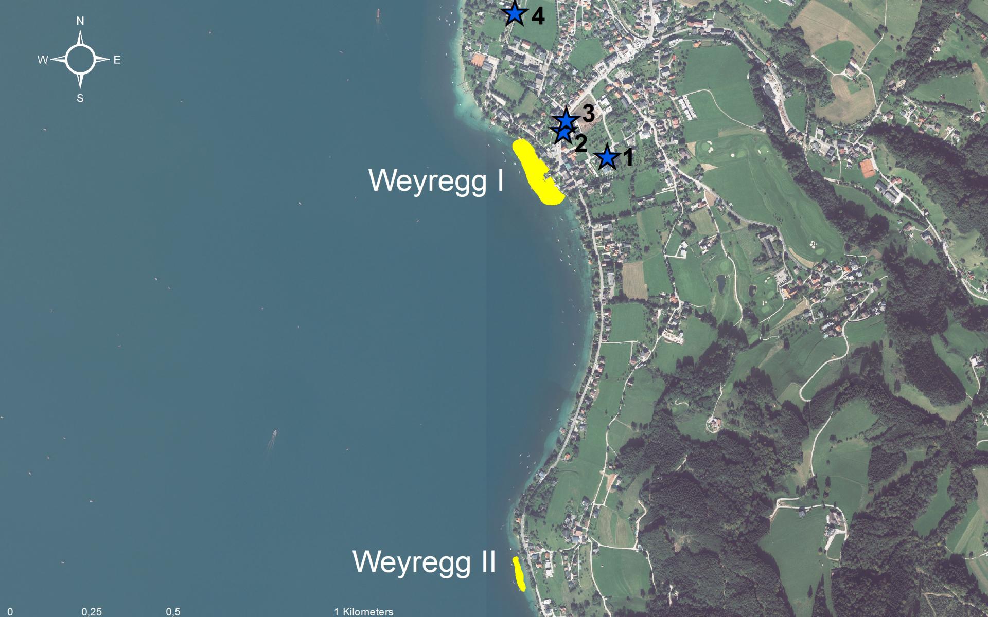 Eine Karte eines Teils vom Ostufer des Attersees mit den markierten Siedlungen in Weyregg