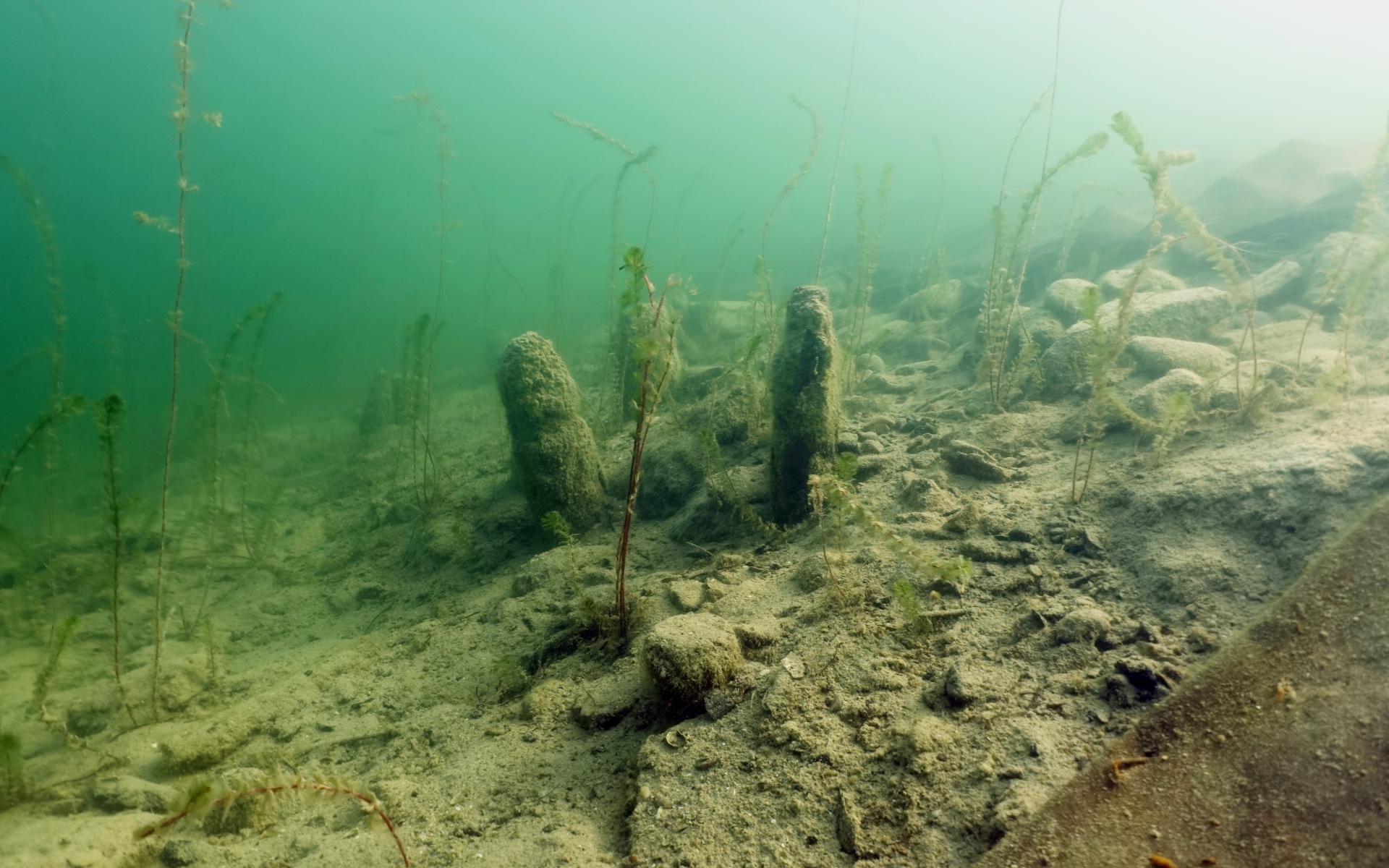 Die Siedlungsreste liegen teilweise sehr exponiert im flachen Wasser.